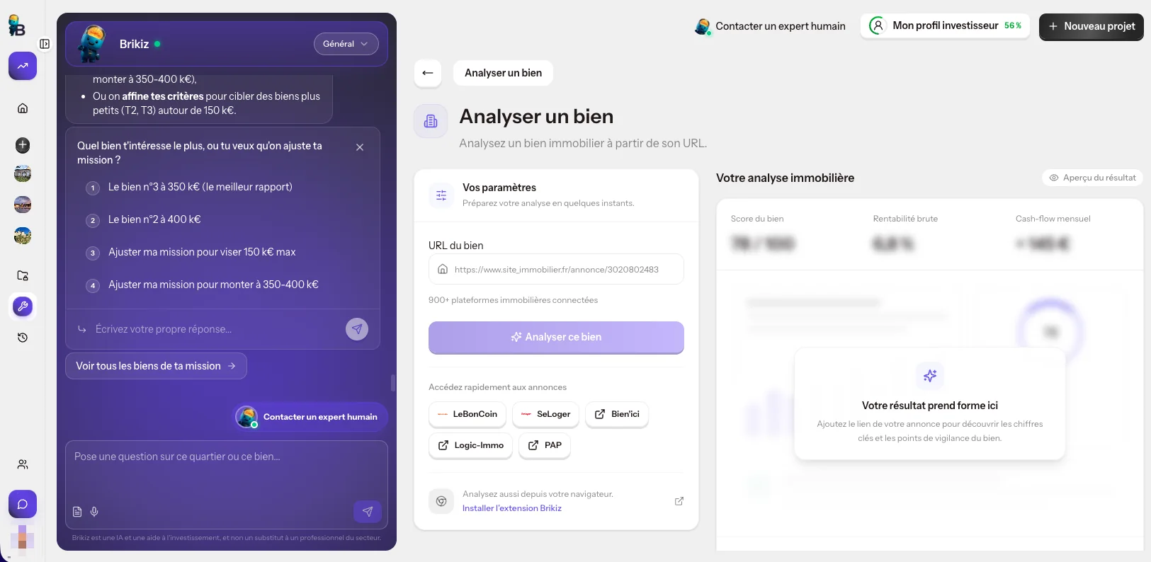 Outil « Analyser un bien » de l'app Brikiz : URL de l'annonce, plus de 900 plateformes connectées et analyse avec score du bien, rentabilité brute et cash-flow mensuel