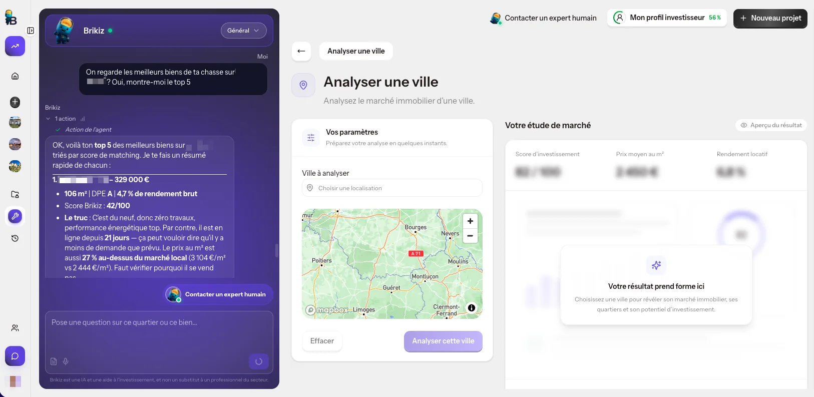Outil « Analyser une ville » de l'app Brikiz : choix de la ville sur la carte et étude de marché avec score d'investissement, prix moyen au m² et rendement locatif