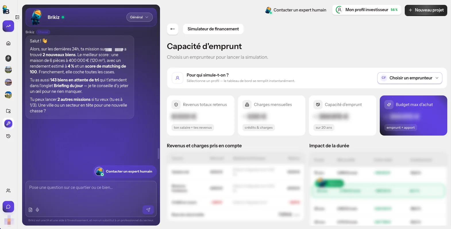 Simulateur de financement de l'app Brikiz : revenus retenus, charges mensuelles, capacité d'emprunt et budget maximal d'achat