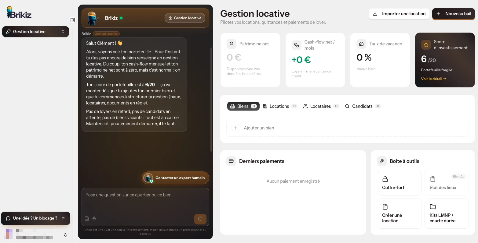 Tableau de bord Gestion locative de l'app Brikiz : patrimoine net, cash-flow, taux de vacance, derniers paiements